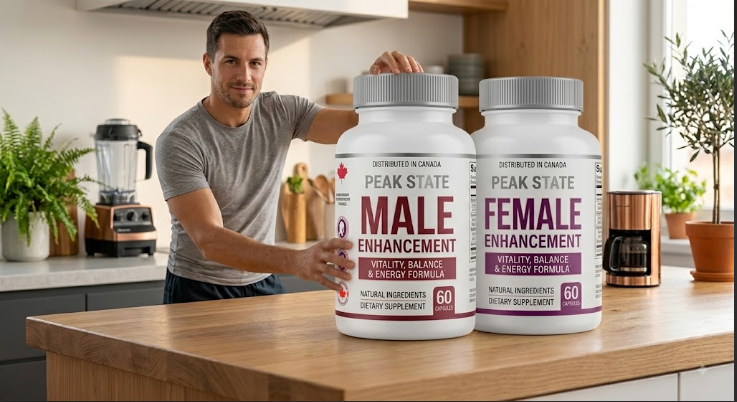 Man holding a Peak State Male Enhancement bottle beside the female formula