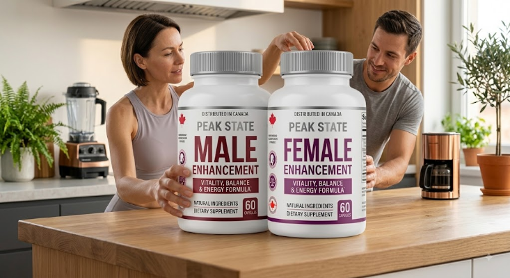 Peak State Male Enhancement and Female Enhancement bottles in a Canadian kitchen